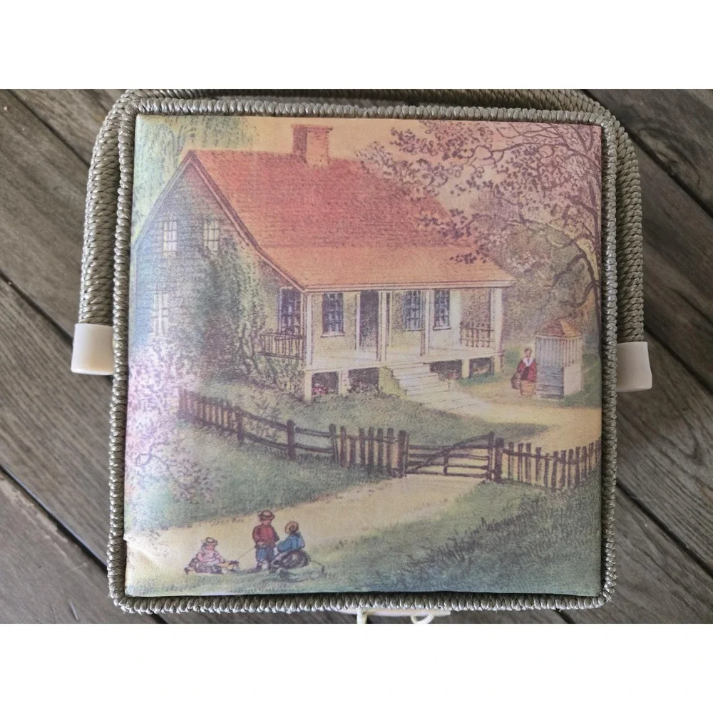 Vintage Woven Wicker Sewing Storage Basket Handled Lined Country Farmhouse Scene
